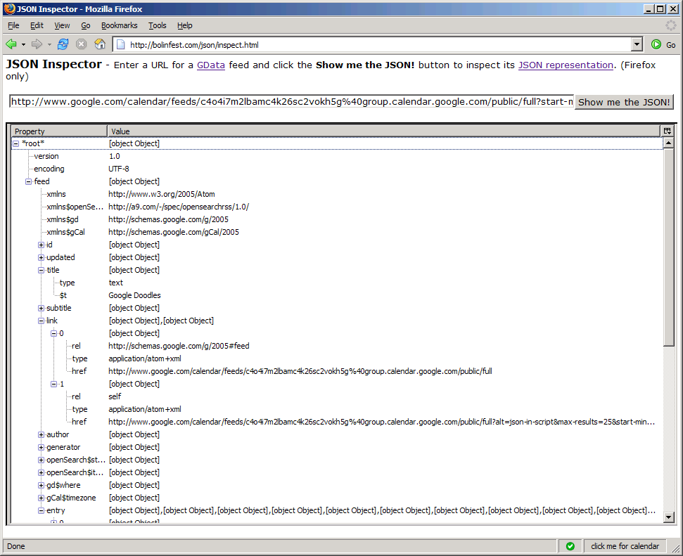 Screenshot of JSON Inspector for GData